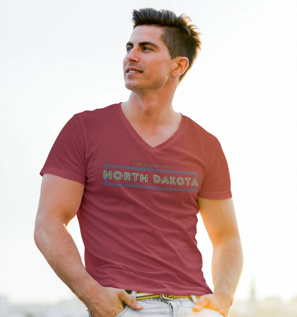 "Made in ND" design created by RJ&T on a Short Sleeved Jersey V-Neck Tee - Image 15