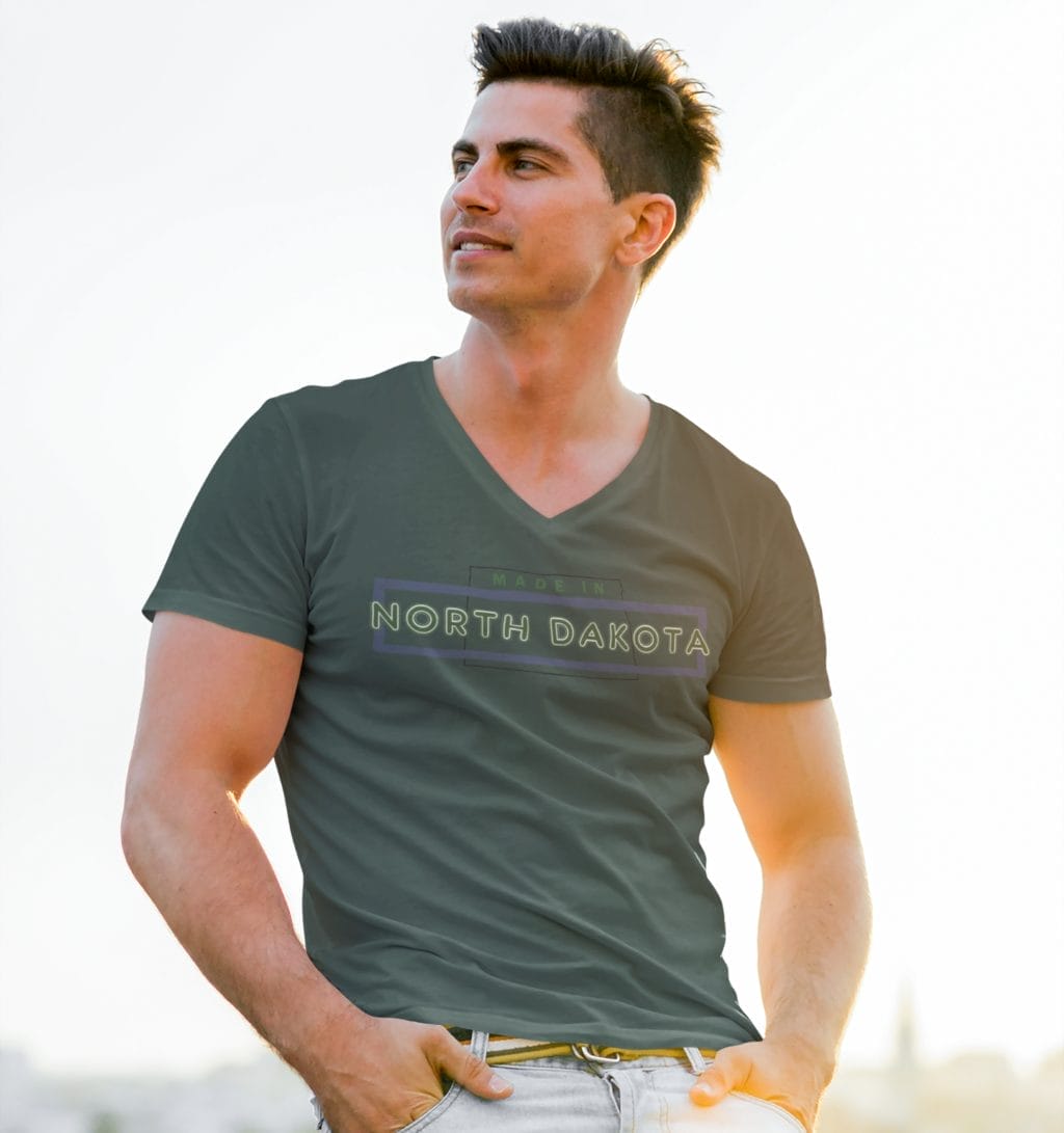 "Made in ND" design created by RJ&T on a Short Sleeved Jersey V-Neck Tee - Image 13