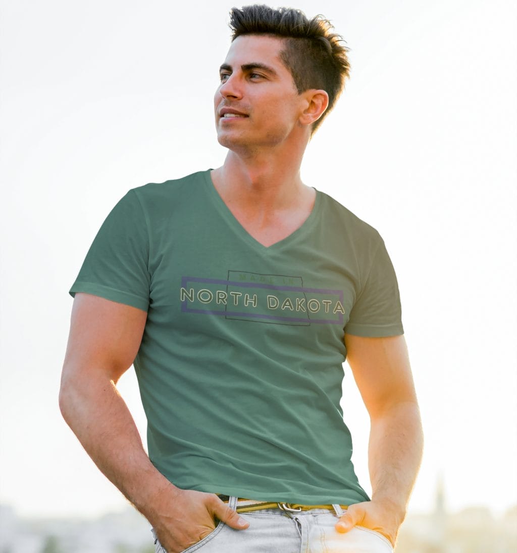"Made in ND" design created by RJ&T on a Short Sleeved Jersey V-Neck Tee - Image 11