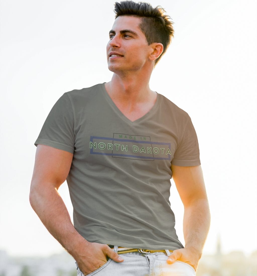 "Made in ND" design created by RJ&T on a Short Sleeved Jersey V-Neck Tee - Image 9