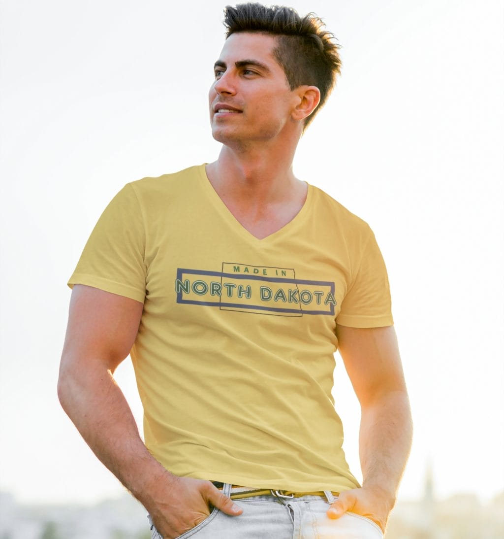 "Made in ND" design created by RJ&T on a Short Sleeved Jersey V-Neck Tee - Image 7