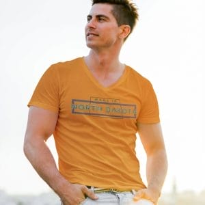"Made in ND" design created by RJ&T on a Short Sleeved Jersey V-Neck Tee
