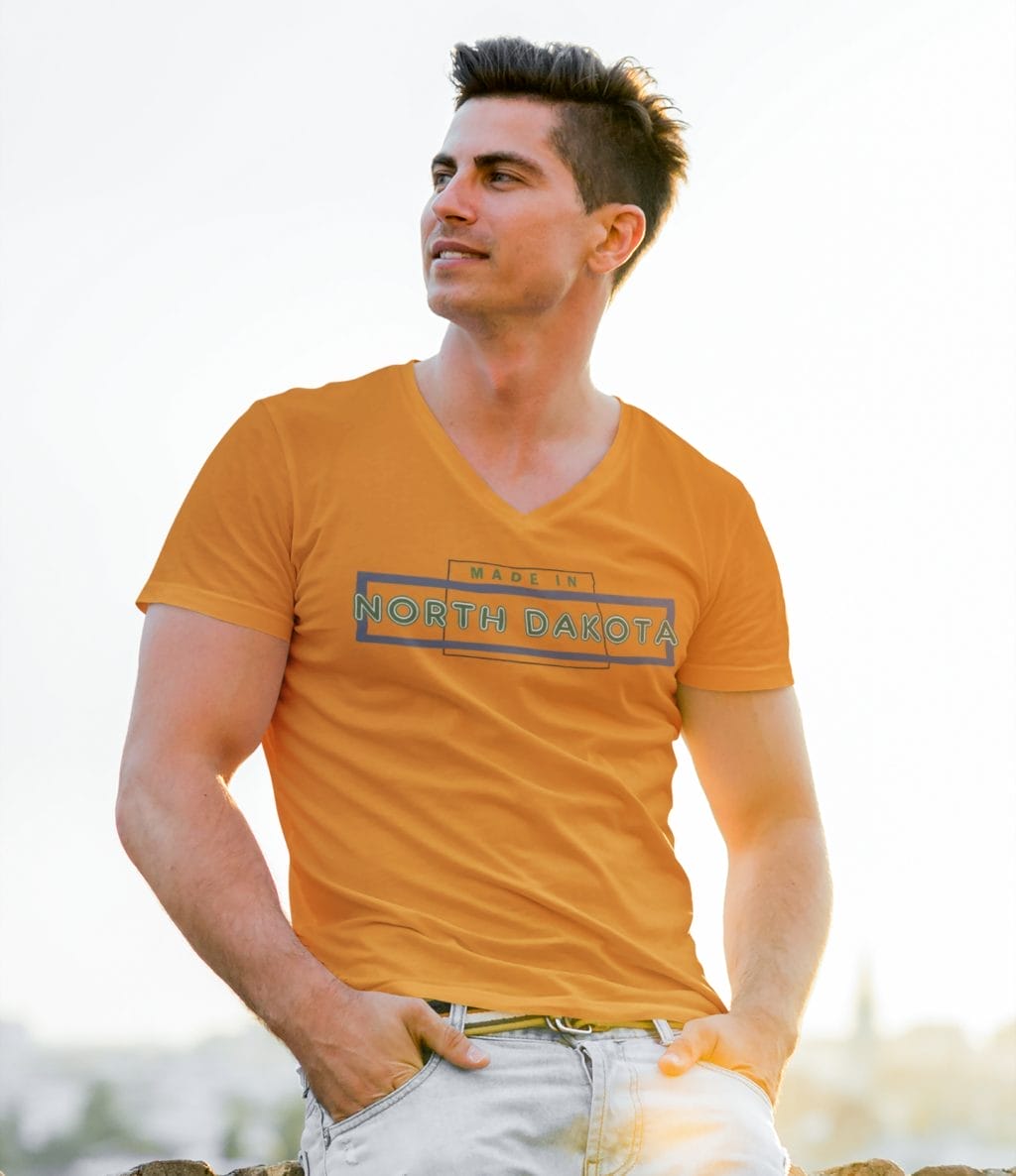 "Made in ND" design created by RJ&T on a Short Sleeved Jersey V-Neck Tee