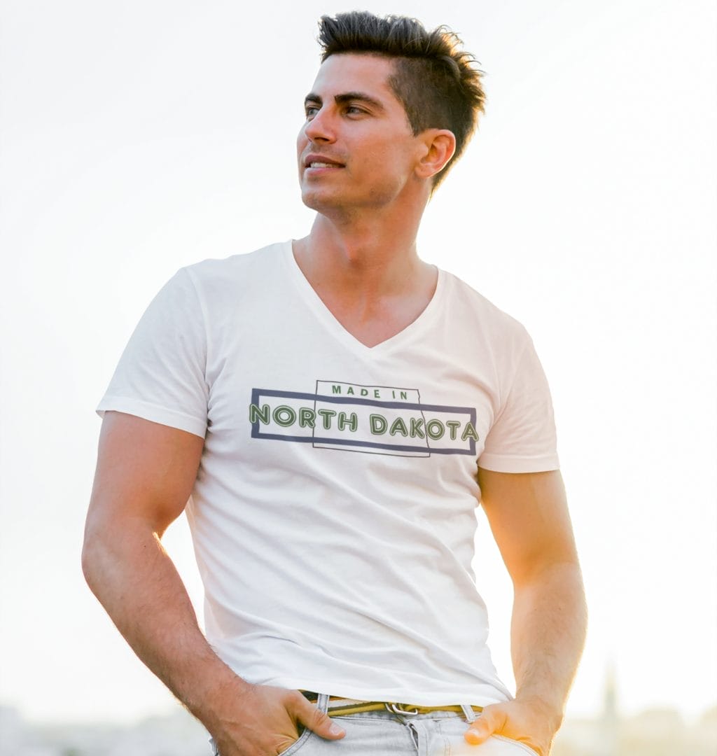 "Made in ND" design created by RJ&T on a Short Sleeved Jersey V-Neck Tee - Image 2