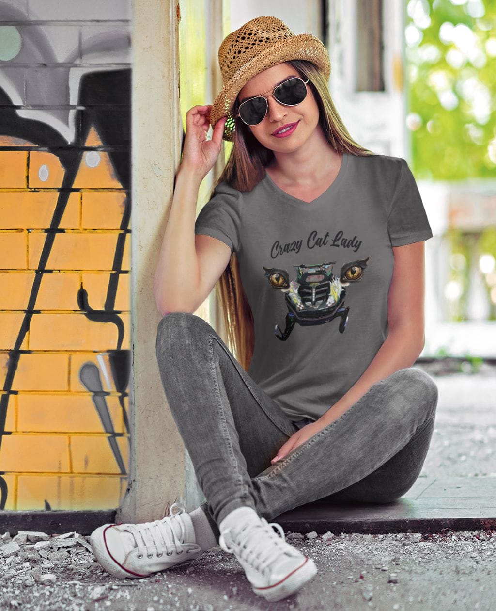 Crazy Cat Lady on a Short Sleeved Jersey V-Neck Tee
