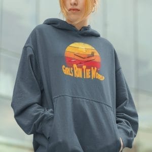 Retro Girls Run the World under a 60s Snowmobile on a Soft Classic Hoodie