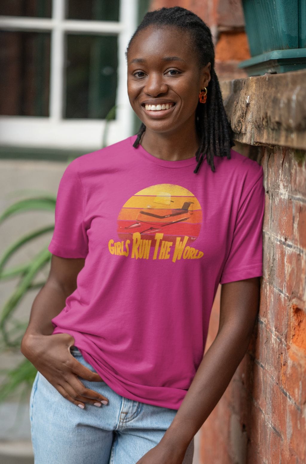 Retro Girls Run the World under a 60s Snowmobile on a Women's Relaxed Fit Tee - Image 8