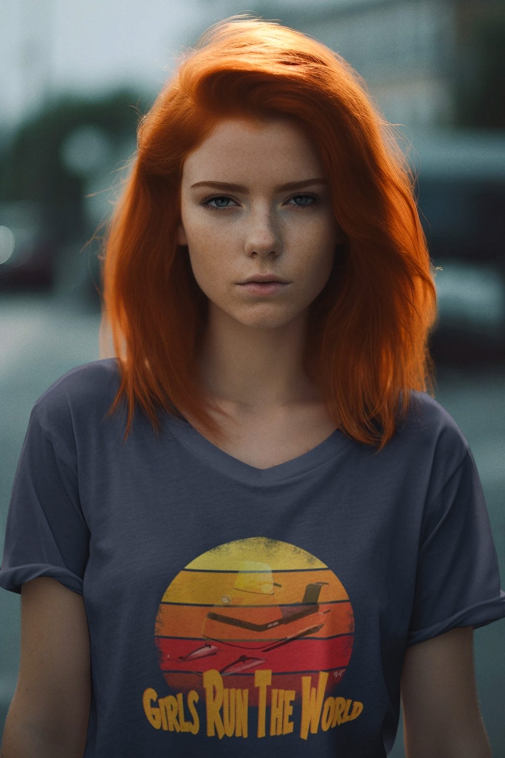 Retro Girls Run the World under a 60s Snowmobile on a Women's Relaxed V-Neck Tee