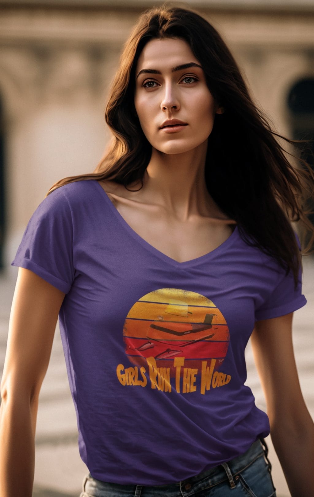 Retro Girls Run the World under a 60s Snowmobile on a Women's Relaxed V-Neck Tee - Image 2