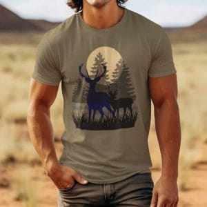 Deer in Woods on a Full Moon Night on a CVC T-Shirt