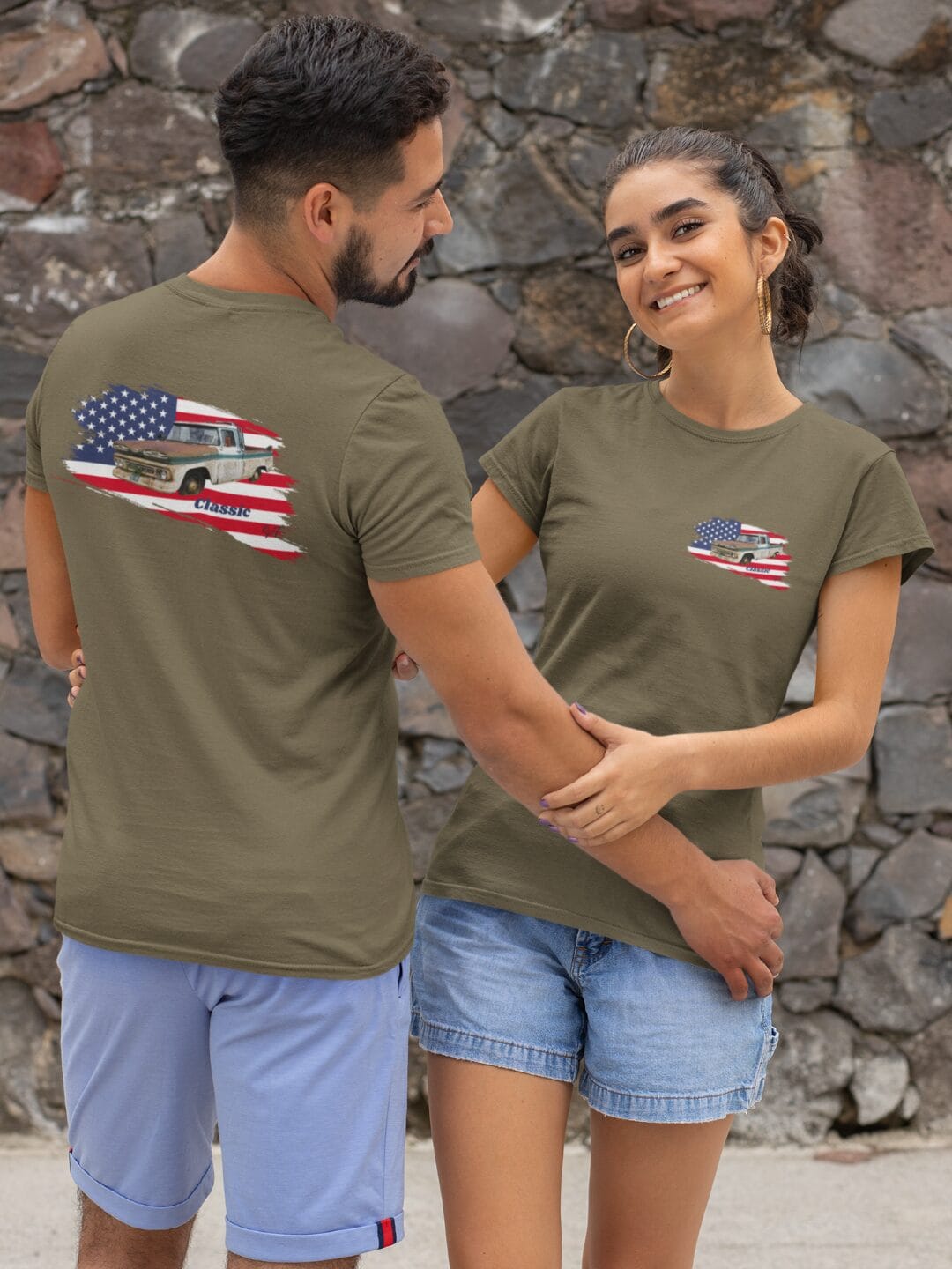 60's Ford Apache imposed on the American Flag on a CVC T-Shirt