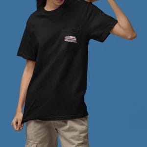 Road Runner imposed on Black & White American Flag on a DryBlend T-Shirt w/Pocket