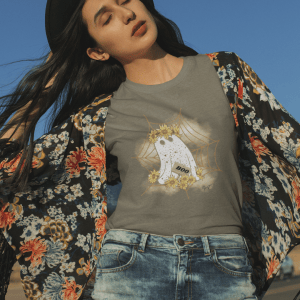 Ghost decorated with Flowers on a CVC T-Shirt