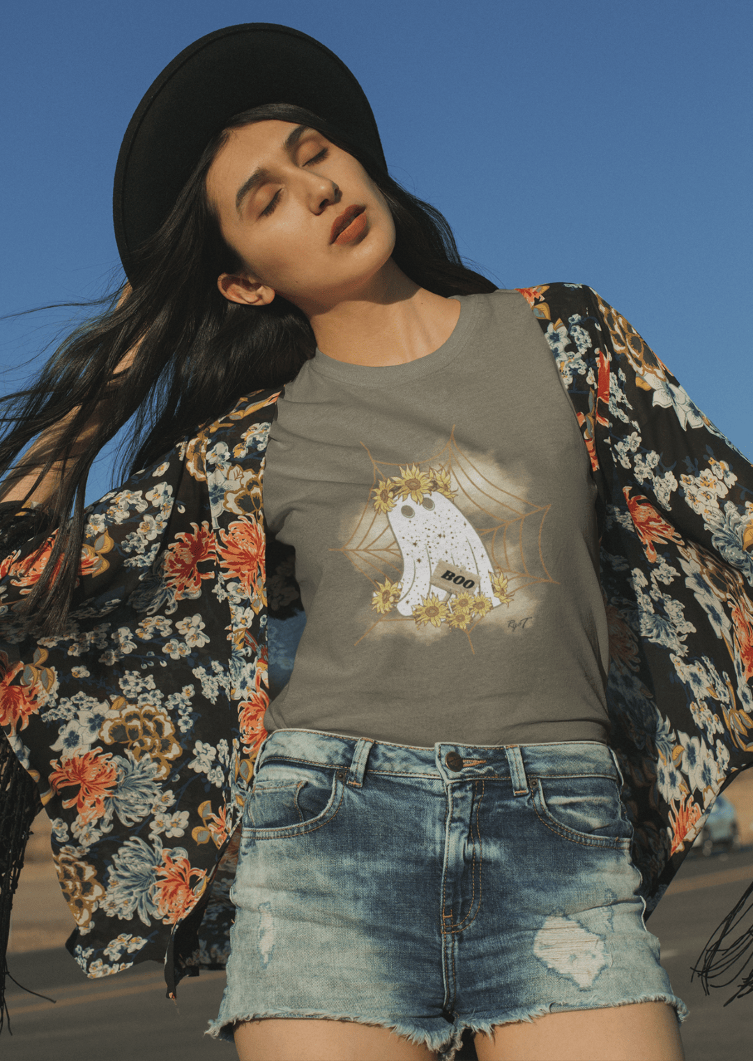 Ghost decorated with Flowers on a CVC T-Shirt