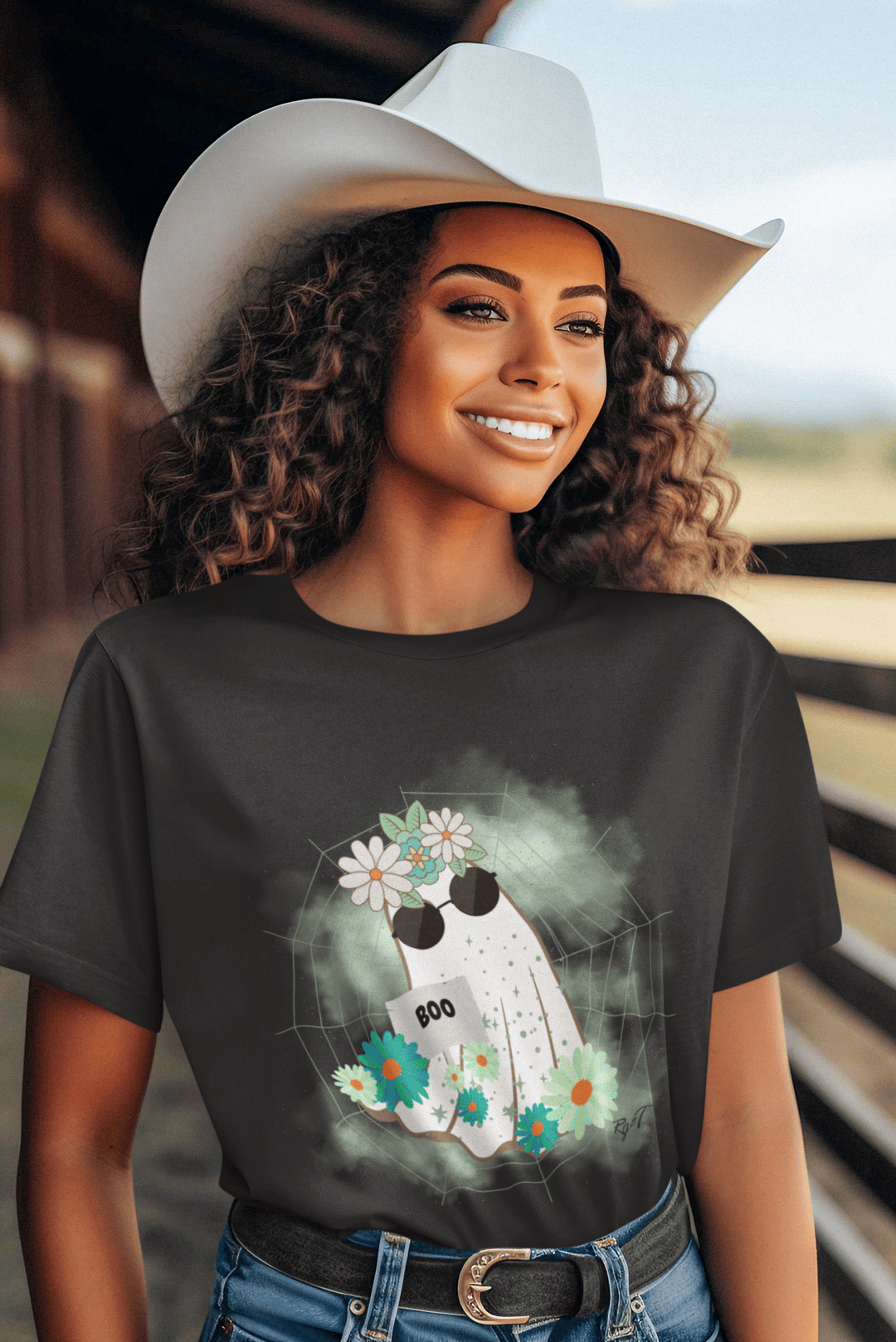 Ghost decorated with Flowers on a CVC T-Shirt