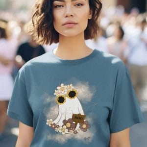 Ghost decorated with Flowers on a CVC T-Shirt