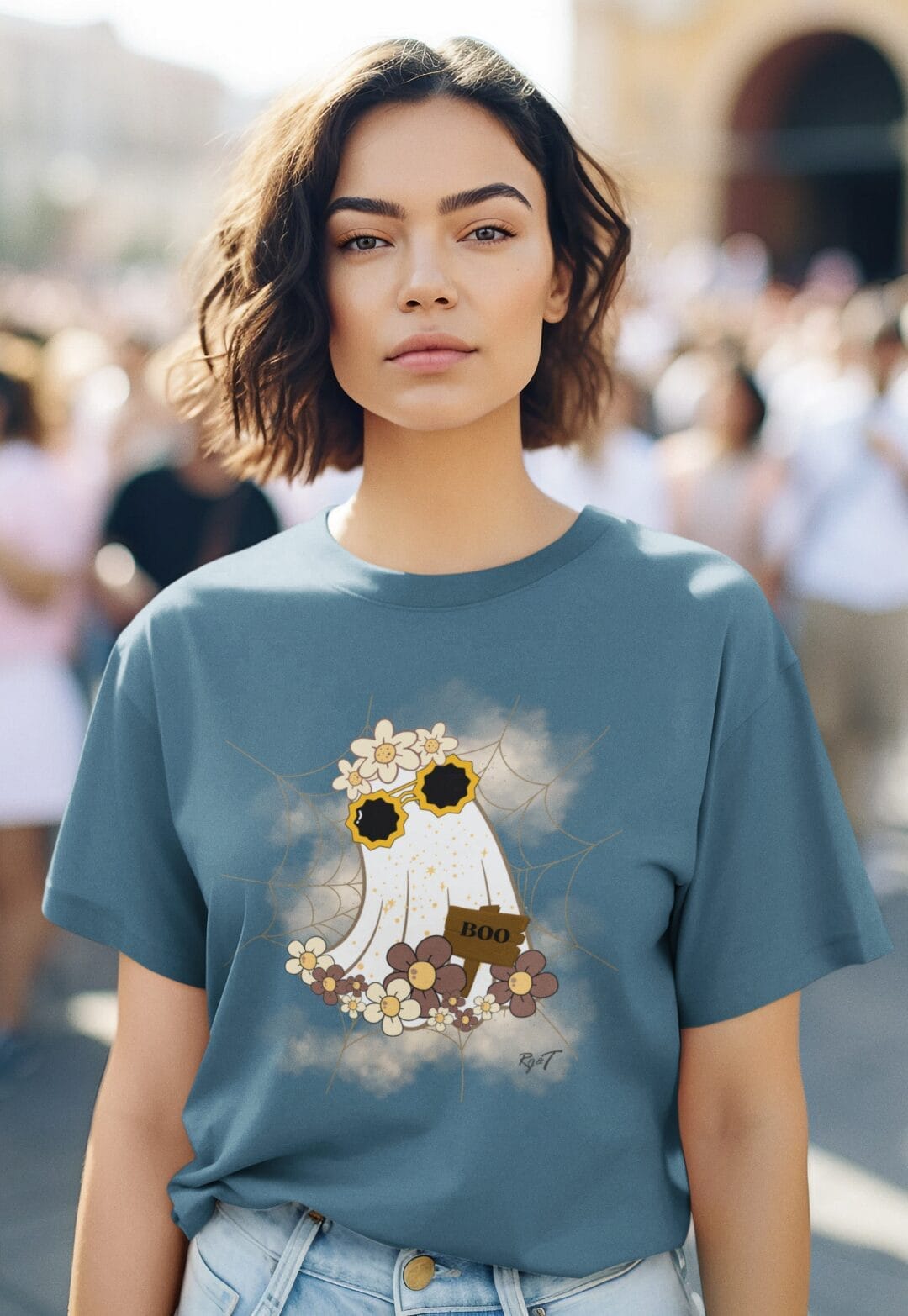 Ghost decorated with Flowers on a CVC T-Shirt