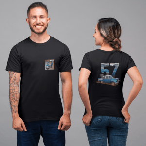 1957 Chevy photo inside 57 on a DryBlend T-Shirt w/Pocket