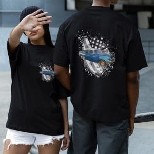 1957 on American Flag on a DryBlend T-Shirt w/Pocket