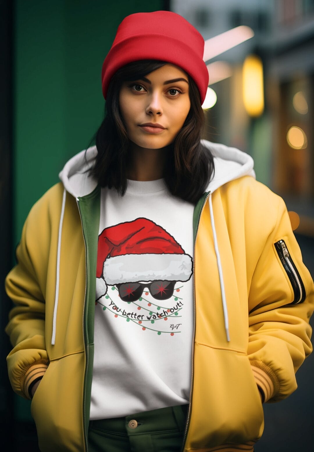You Better Watch Out Santa Hat in Sunglasses on a Heavy 50/50 Blend Sweatshirt